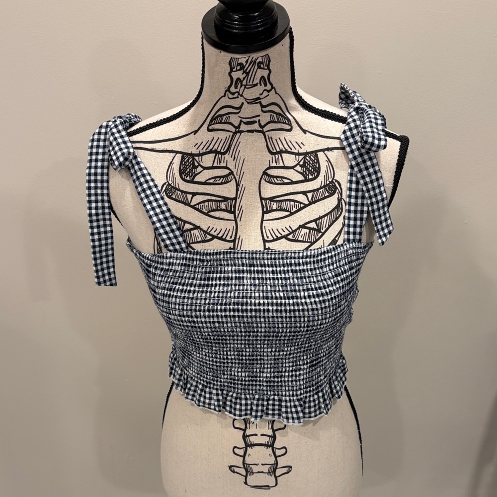 Navy and White After Market Smocked Crop Top with Tie Straps NWOT